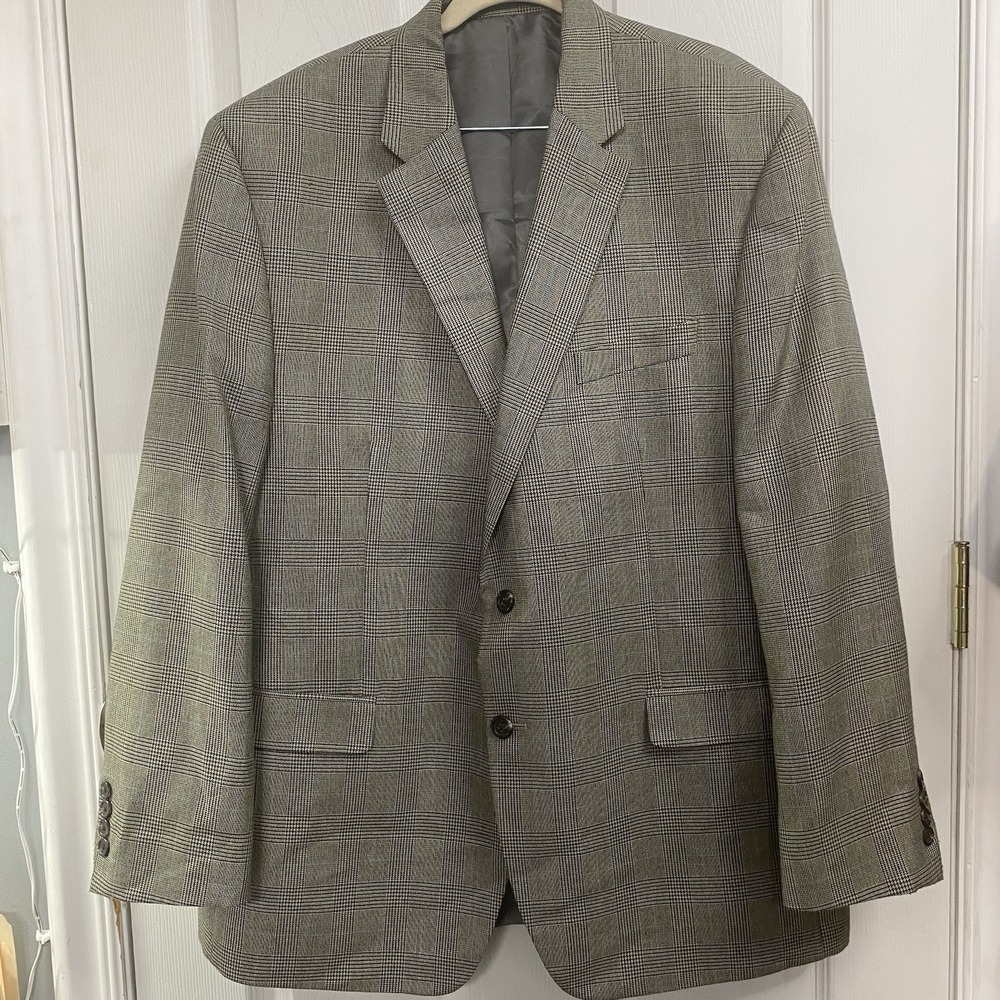 Chaps‎ Blazer Suit Jacket Mens 46R Tan/Brown Blue Stripe Silk Wool Sport Coat.